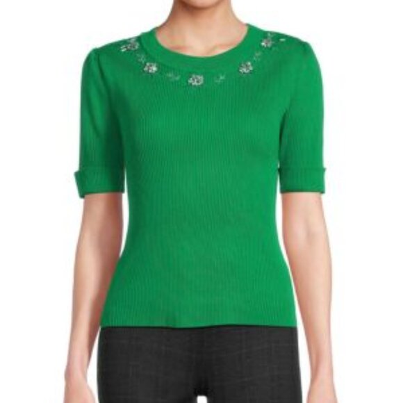 Nanette Lepore Sweaters - Nanette Lepore Ribbed Embellished Green Short Sleeve Sweater Size Large